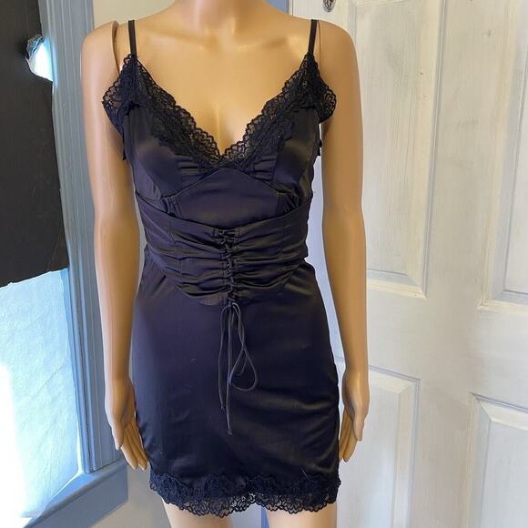 Y2K Black Lace Satin Babydoll Coquette Mini Dress Fairy Whimsigoth Witchy Goth S - Picture 1 of 10